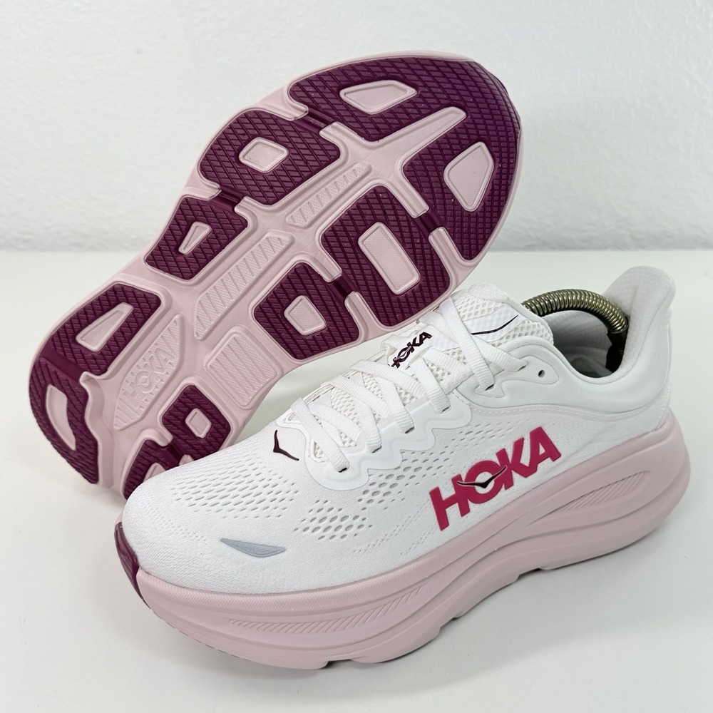 Hoka One Bondi 9 Wide Womens Size 8 D White / Pink Opal Athletic Sneakers NWOB